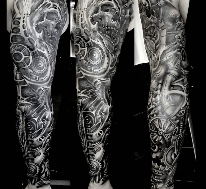Biomechanical Design men shin tattoo